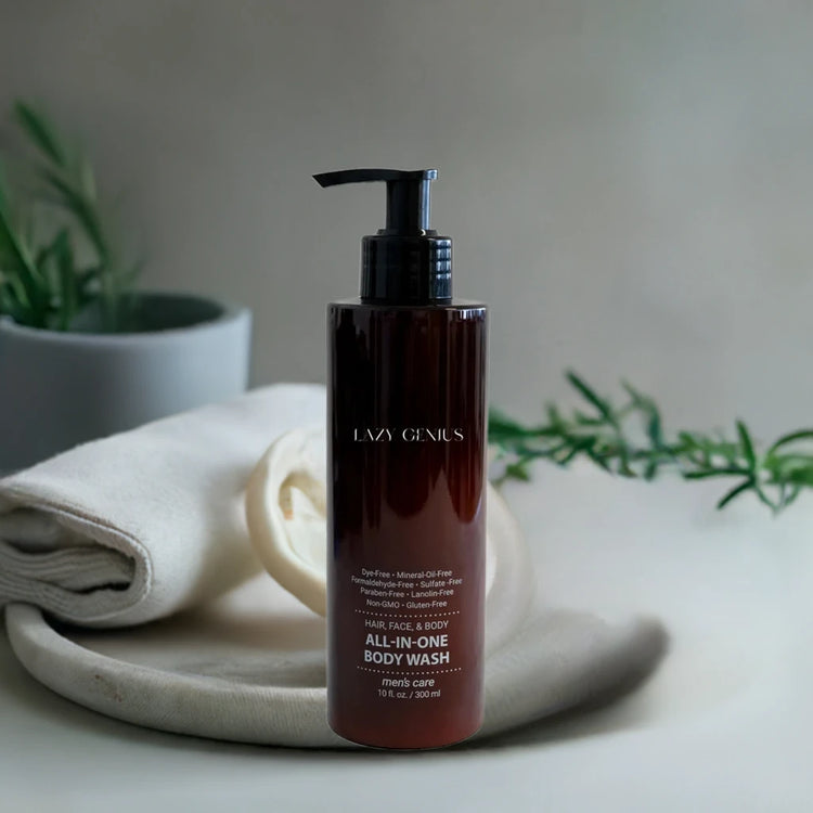LAZY GENIUS all-in-one body wash in a sleek bottle, perfect for face, body, and skincare routines.