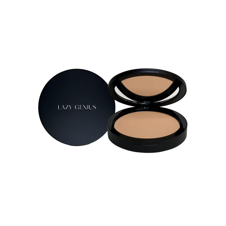 Lazy Genius face powder compact opened, showcasing smooth foundation shade for flawless makeup application.